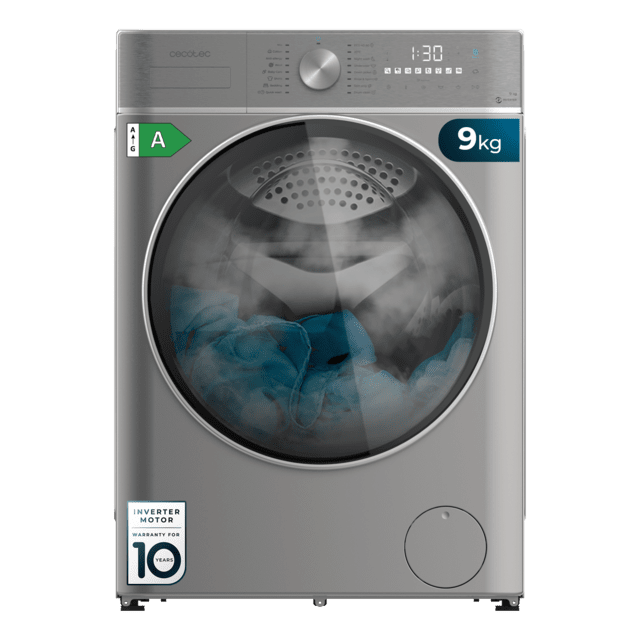Cecotec Bolero DressCode 9800 Inverter Steel A Lavadora de carga frontal Steel de 9 kg de capacidad y 1400 rpm Clase A 16 programas Motor Inverter Plus SteamMax OnSmart SpaCare Fuzzy Logic y Display táctil XXL. Lavadora de carg