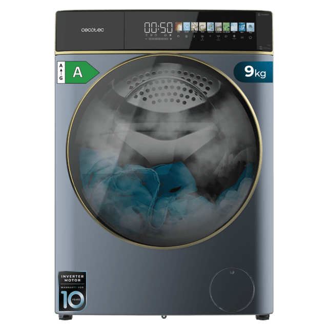 Cecotec Bolero DressCode 9900 Autodose Inverter FullColor Ice Blue A Lavadora Autodosis de carga frontal ice blue de 9 kg de capacidad y 1400 rpm Pantalla FullColor 10 3" 11 programas Motor Inverter Plus SteamMax Clase A Sanitiz