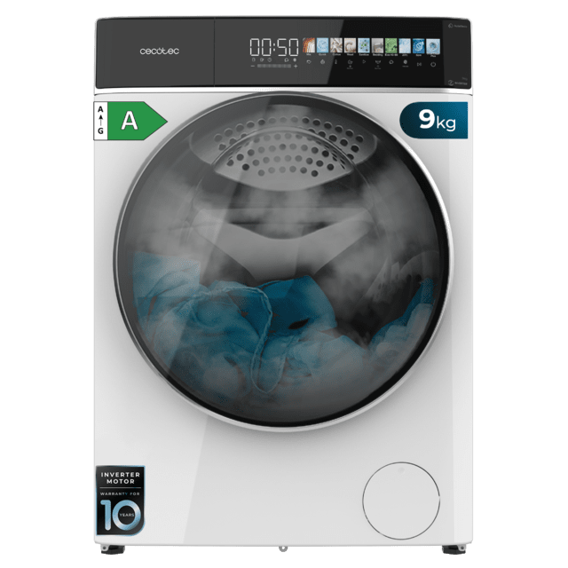 Cecotec Bolero DressCode 9900 Autodose Inverter FullColor A Lavadora Autodosis de carga frontal blanca de 9 kg de capacidad y 1400 rpm Pantalla FullColor 10 3" 11 programas Motor Inverter Plus SteamMax Clase A Sanitize OnSmart F