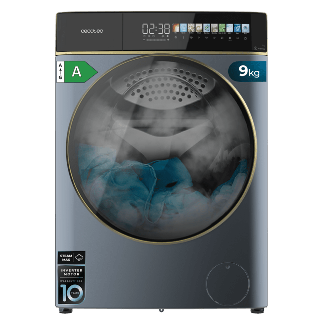 Cecotec Bolero DressCode 9900 Inverter FullColor Ice Blue A Lavadora de carga frontal ice blue de 9 kg de capacidad y 1400 rpm Pantalla FullColor 10 3" 11 programas Motor Inverter Plus SteamMax Clase A Sanitize OnSmart Fuzzy Log
