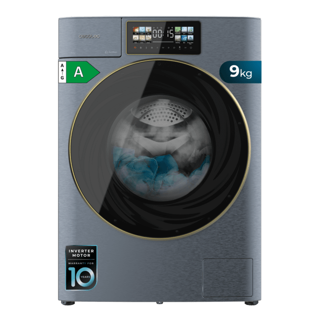 Cecotec Bolero DressCode 9950 Autodose Inverter 3D Ice Blue A Lavadora Autodosis de carga frontal ice blue de 9 kg de capacidad 1400 rpm y clase A con diseño Core Matrix Screen 9 2" y Core Body 13 programas Motor Inverter Plus