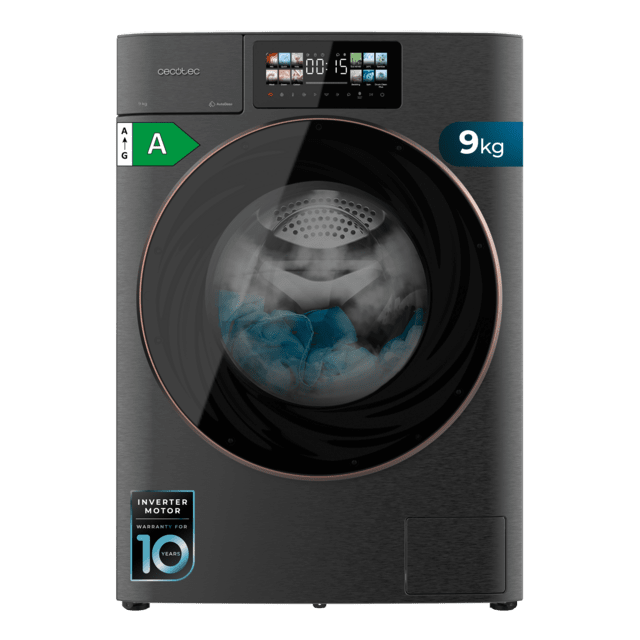 Cecotec Bolero DressCode 9950 Autodose Inverter 3D Steel A Lavadora Autodosis de carga frontal steel de 9 kg de capacidad 1400 rpm y clase A con diseño Core Matrix Screen 9 2" y Core Body 13 programas Motor Inverter Plus SteamM