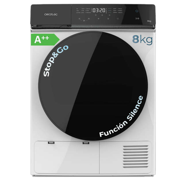 Cecotec Bolero DressCode Dry 8400 Max Secadora con bomba de calor capacidad de 8 kg eficiencia energética clase A++ pantalla táctil completa función de planchado fácil 15 programas y tambor de acero inoxidable. Secadora