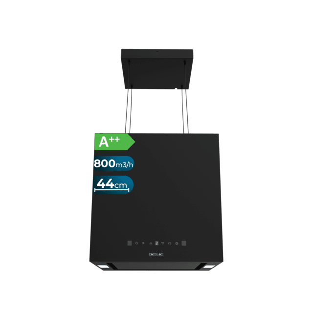 Cecotec Bolero Flux CCT 448000 Black A++ Campana colgante cuadrada de 44cm de ancho acabado negro succión 800m3/h Motor 210W Clase A++ control táctil 3 niveles de potencia Booster luz filtro de carbono Hand Movement Control y