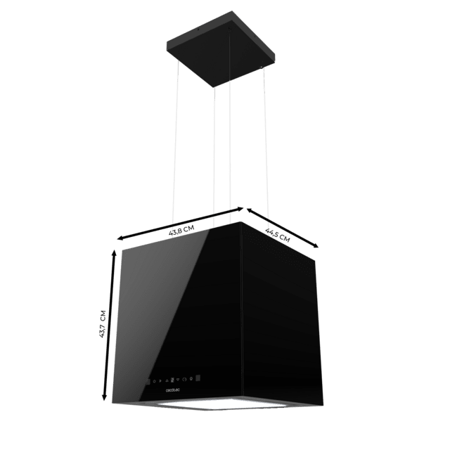Cecotec Bolero Flux CCT 448000 Glass Black A++ Campana Colgante Cuadrada De 44cm De Ancho Acabado Vidrio Negro Succión 800m3/h Motor 210W Clase A++ Control Táctil 3 Niveles De Potencia Booster Luz Filtro De Carbono Hand Moveme