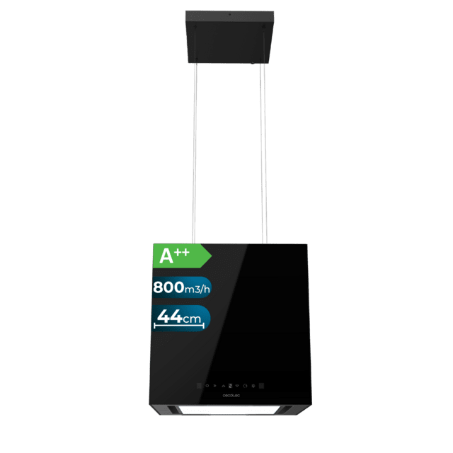 Cecotec Bolero Flux CCT 448000 Glass Black A++ Campana colgante cuadrada de 44cm de ancho acabado vidrio negro succión 800m3/h Motor 210W Clase A++ control táctil 3 niveles de potencia Booster luz filtro de carbono Hand Moveme