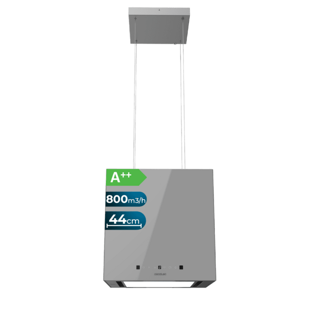 Cecotec Bolero Flux CCT 448000 Glass Grey A++ Campana colgante cuadrada de 44cm de ancho acabado vidrio gris succión 800m3/h Motor 210W Clase A++ control táctil 3 niveles de potencia Booster luz filtro de carbono Hand Movement