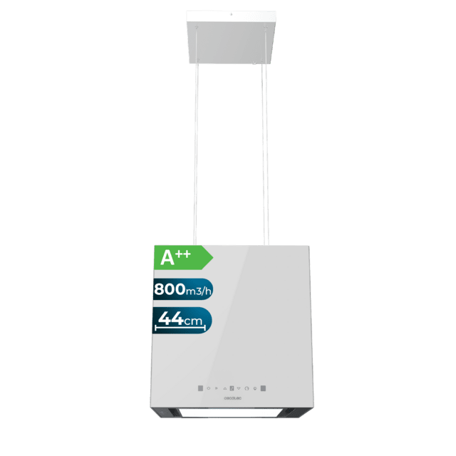 Cecotec Bolero Flux CCT 448000 Glass White A++ Campana colgante cuadrada Bolero Flux CCT 448000 Glass White A++ de 44cm de ancho acabado vidrio blanco succión 800m3/h Motor 210W Clase A++ control táctil 3 niveles de potencia B
