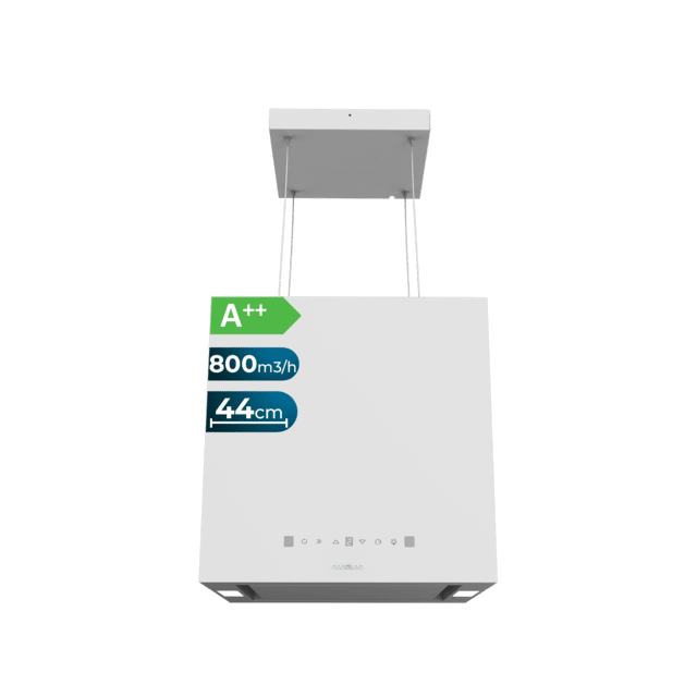 Cecotec Bolero Flux CCT 448000 White A++ Campana colgante cuadrada de 44cm de ancho acabado blanco succión 800m3/h Motor 210W Clase A++ control táctil 3 niveles de potencia Booster luz filtro de carbono Hand Movement Control y