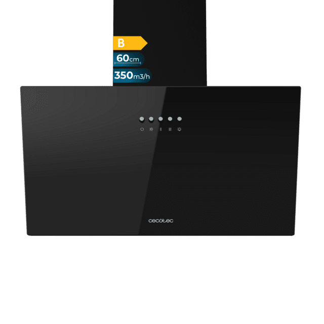 Cecotec Bolero Flux DM 603500 Glass Black B Campana decorativa Bolero Flux DM 603500 Glass Black B de 60cm de ancho acabado frontal vidrio negro succión 350m3/h Motor 65W Clase B control mecánico 3 niveles de potencia luz y fi