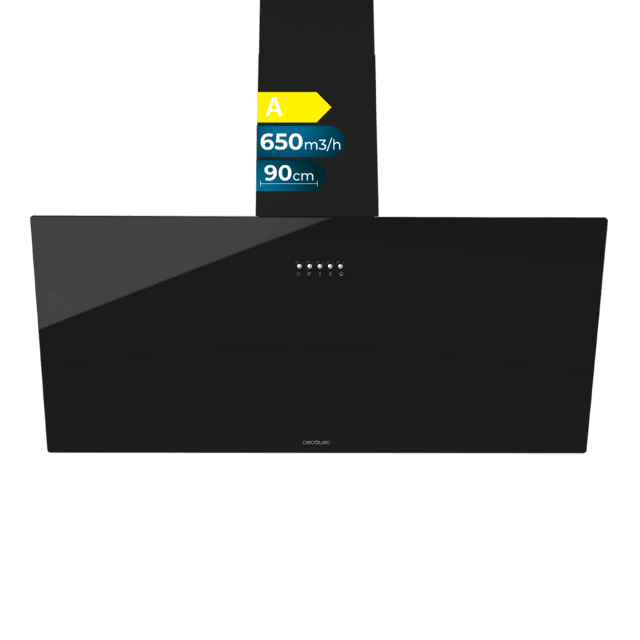 Cecotec Bolero Flux DM 906500 Glass Black A Campana decorativa de 90cm de ancho acabado frontal vidrio negro chimenea negra succión 650m3/h Motor 165W Clase A control mecánico 3 niveles de potencia luz y filtro de carbono. Cam
