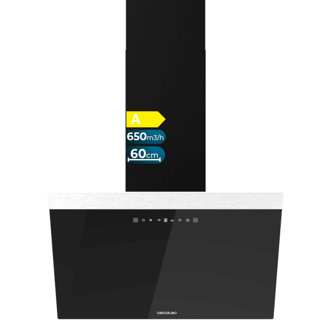 Cecotec Bolero Flux DT 606500 Glass Black A Campana decorativa de 60cm de ancho acabado frontal vidrio negro succión 650m3/h Motor 165W Clase A control táctil 3 niveles de potencia Booster luz filtro de carbono y Hand Movement