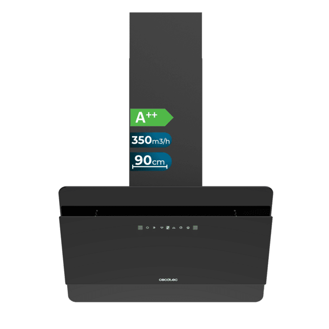 Cecotec Bolero Flux DT 608000 Glass Black A++ Campana decorativa de 60cm de ancho acabado frontal vidrio negro succión 800m3/h Motor 210W Clase A++ control táctil 3 niveles de potencia Booster luz filtro de carbono y Hand Move