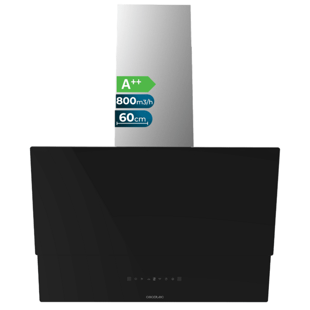 Cecotec Bolero Flux DT 608001 Glass Black A++ Campana decorativa de 60cm de ancho acabado frontal vidrio negro chimenea inox succión 800m3/h Motor 210W Clase A++ control táctil 3 niveles de potencia Booster luz filtro de carbo