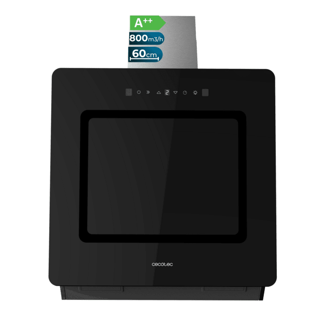 Cecotec Bolero Flux DT 608002 Glass Black A++ Campana decorativa de 60cm de ancho acabado frontal vidrio negro chimenea inox succión 800m3/h Motor 210W Clase A++ control táctil 3 niveles de potencia Booster luz filtro de carbo