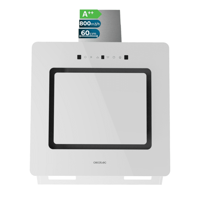 Cecotec Bolero Flux DT 608002 Glass White A++ Campana decorativa de 60cm de ancho acabado frontal vidrio blanco chimenea inox succión 800m3/h Motor 210W Clase A++ control táctil 3 niveles de potencia Booster luz filtro de carb