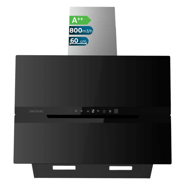 Cecotec Bolero Flux DT 608010 Glass Black A++ Campana decorativa Bolero Flux DT 608010 Glass Black A++ de 60cm de ancho acabado frontal vidrio negro chimenea inox succión 800m3/h Motor 210W Clase A++ control táctil 3 niveles d