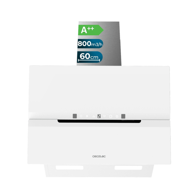 Cecotec Bolero Flux DT 608010 Glass White A++ Campana decorativa de 60cm de ancho acabado frontal vidrio blanco chimenea inox succión 800m3/h Motor 210W Clase A++ control táctil 3 niveles de potencia Booster luz filtro de carb