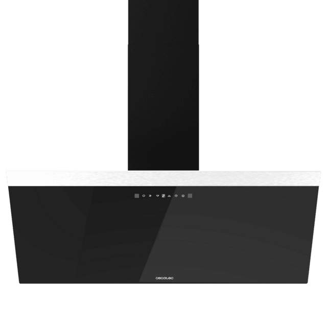 Cecotec Bolero Flux DT 906500 Glass Black A Campana Decorativa De 90cm De Ancho Acabado Frontal Vidrio Negro Chimenea Negra Succión 650m3/h Motor 165W Clase A Control Táctil 3 Niveles De Potencia Booster Luz Filtro De Carbono