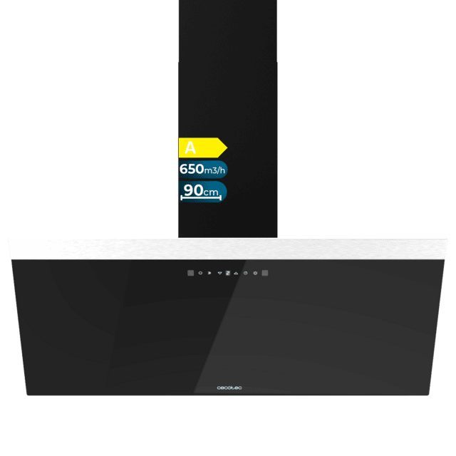 Cecotec Bolero Flux DT 906500 Glass Black A Campana decorativa de 90cm de ancho acabado frontal vidrio negro chimenea negra succión 650m3/h Motor 165W Clase A control táctil 3 niveles de potencia Booster luz filtro de carbono