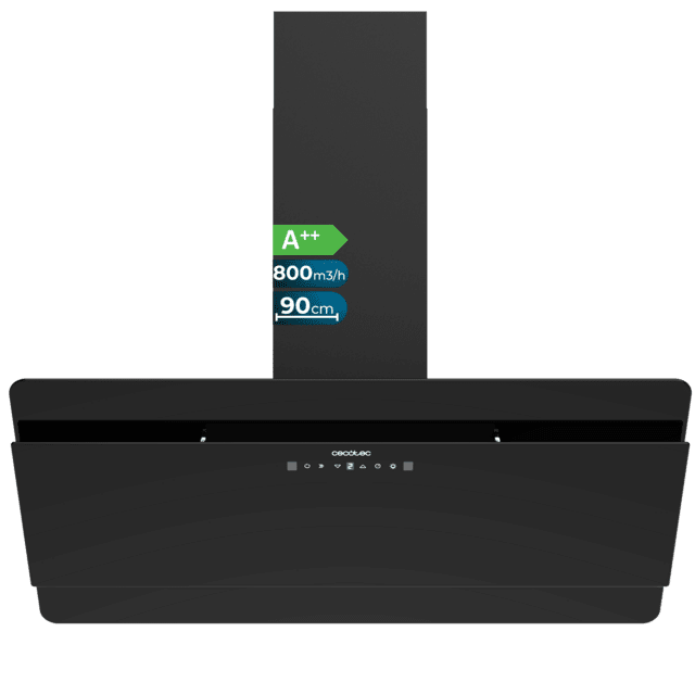 Cecotec Bolero Flux DT 908000 Glass Black A++ Campana decorativa Bolero Flux DT 908000 Glass Black A++ de 90cm de ancho acabado frontal vidrio negro chimenea negra succión 800m3/h Motor 210W Clase A++ control táctil 3 niveles