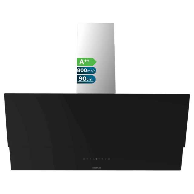 Cecotec Bolero Flux DT 908001 Glass Black A++ Campana decorativa Bolero Flux DT 908001 Glass Black A++ de 90cm de ancho acabado frontal vidrio negro chimenea inox succión 800m3/h Motor 210W Clase A++ control táctil 3 niveles d