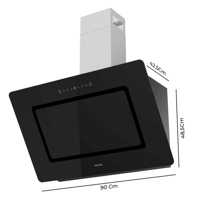 Cecotec Bolero Flux DT 908002 Glass Black A++ Campana Decorativa De 90cm De Ancho Acabado Frontal Vidrio Negro Chimenea Inox Succión 800m3/h Motor 210W Clase A++ Control Táctil 3 Niveles De Potencia Booster Luz Filtro De Carbo