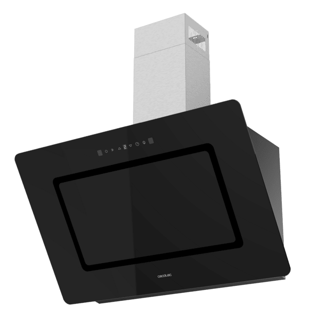 Cecotec Bolero Flux DT 908002 Glass Black A++ Campana Decorativa De 90cm De Ancho Acabado Frontal Vidrio Negro Chimenea Inox Succión 800m3/h Motor 210W Clase A++ Control Táctil 3 Niveles De Potencia Booster Luz Filtro De Carbo