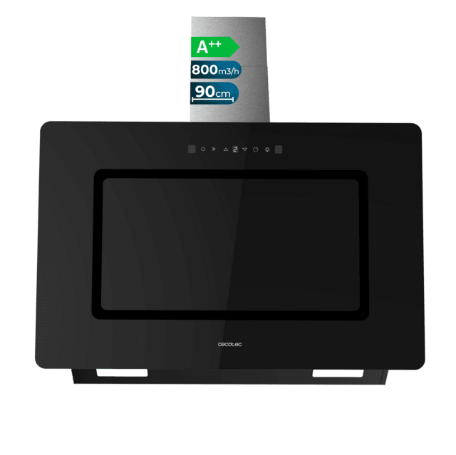 Cecotec Bolero Flux DT 908002 Glass Black A++ Campana decorativa de 90cm de ancho acabado frontal vidrio negro chimenea inox succión 800m3/h Motor 210W Clase A++ control táctil 3 niveles de potencia Booster luz filtro de carbo