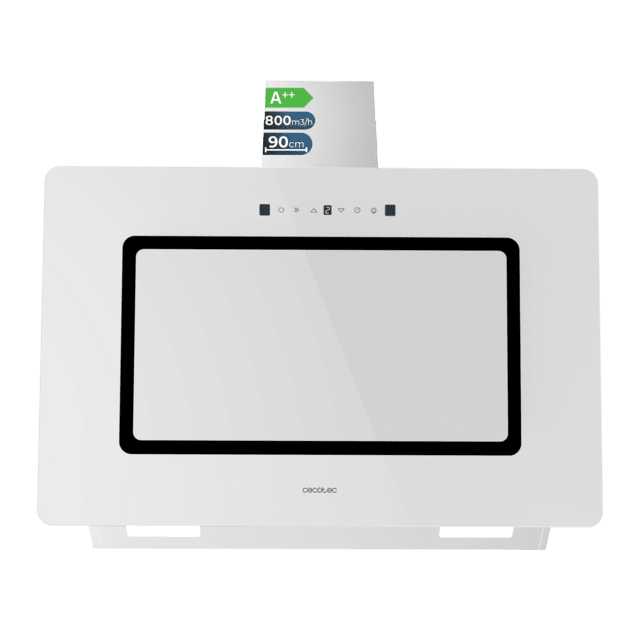 Cecotec Bolero Flux DT 908002 Glass White A++ Campana decorativa de 90cm de ancho acabado frontal vidrio blanco chimenea inox succión 800m3/h Motor 210W Clase A++ control táctil 3 niveles de potencia Booster luz filtro de carb