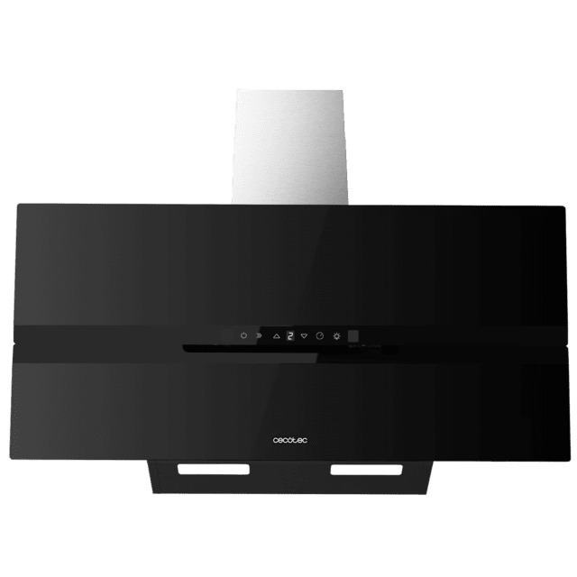 Cecotec Bolero Flux DT 908010 Glass Black A++ Campana Decorativa De 90cm De Ancho Acabado Frontal Vidrio Negro Mate Chimenea Inox Succión 800m3/h Motor 210W Clase A++ Control Táctil 3 Niveles De Potencia Booster Luz Filtro De