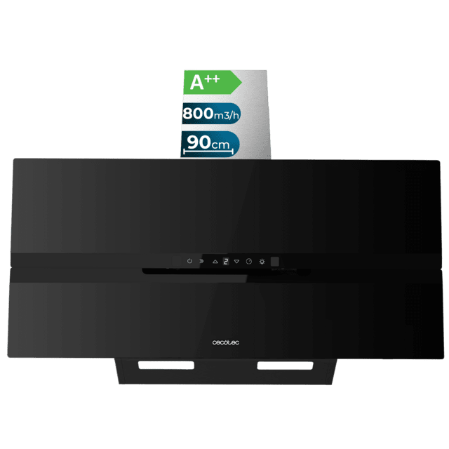 Cecotec Bolero Flux DT 908010 Glass Black A++ Campana decorativa de 90cm de ancho acabado frontal vidrio negro mate chimenea inox succión 800m3/h Motor 210W Clase A++ control táctil 3 niveles de potencia Booster luz filtro de