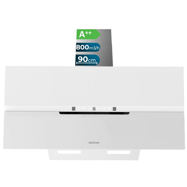 Cecotec Bolero Flux DT 908010 Glass White A++ Campana decorativa de 90cm de ancho acabado frontal vidrio blanco mate chimenea inox succión 800m3/h Motor 210W Clase A++ control táctil 3 niveles de potencia Booster luz filtro de