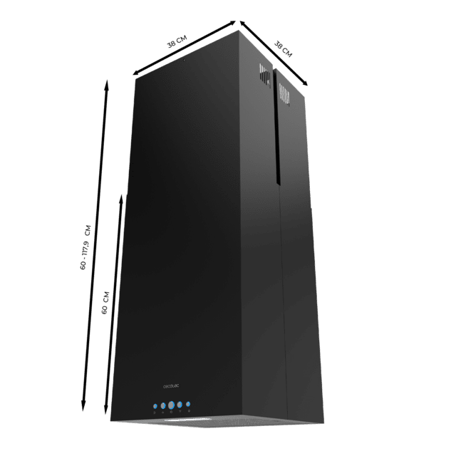 Cecotec Bolero Flux ICT 388000 Black A++ Campana Isla Cuadrada De Ancho Acabado Negro Succión 800m3/h Motor 210W Clase A++ Control Electrónico 3 Niveles De Potencia Luz Filtro De Carbono Y Delay Function. Campana Isla Cuadrada