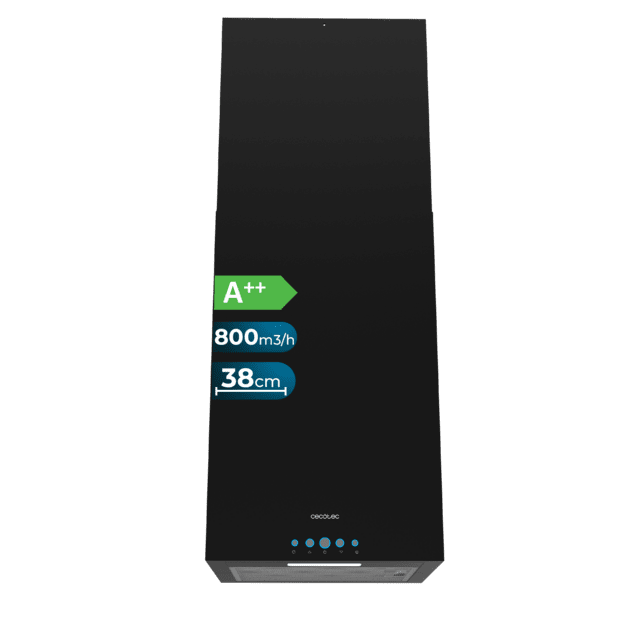 Cecotec Bolero Flux ICT 388000 Black A++ Campana isla cuadrada de ancho acabado negro succión 800m3/h Motor 210W Clase A++ control electrónico 3 niveles de potencia luz filtro de carbono y Delay Function. Campana isla cuadrada