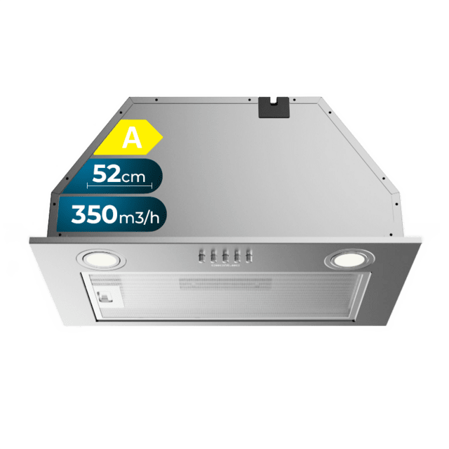 Cecotec Bolero Flux IM 523500 Inox A Campana integral de 52cm de ancho acabado inox potencia succión 350m3/h Motor 70W Clase A control mecánico 3 niveles de potencia Luz y filtro de carbono. Campana integral 