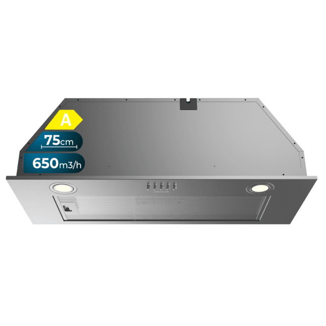Cecotec Bolero Flux IM 756500 Inox A Campana integral de 75cm de ancho acabado inox potencia succión 650m3/h Motor 165W Clase A control mecánico 3 niveles de potencia Luz y filtro de carbono. Campana integral 