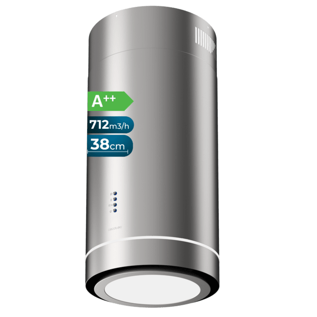 Cecotec Bolero Flux IRE 388000 Inox A++ Campana isla redonda de 38cm de diametro acabado acero inoxidable succión 712m3/h Motor 210W Clase A++ control electrónico 3 niveles de potencia panel led filtro de carbono y Booster Fun