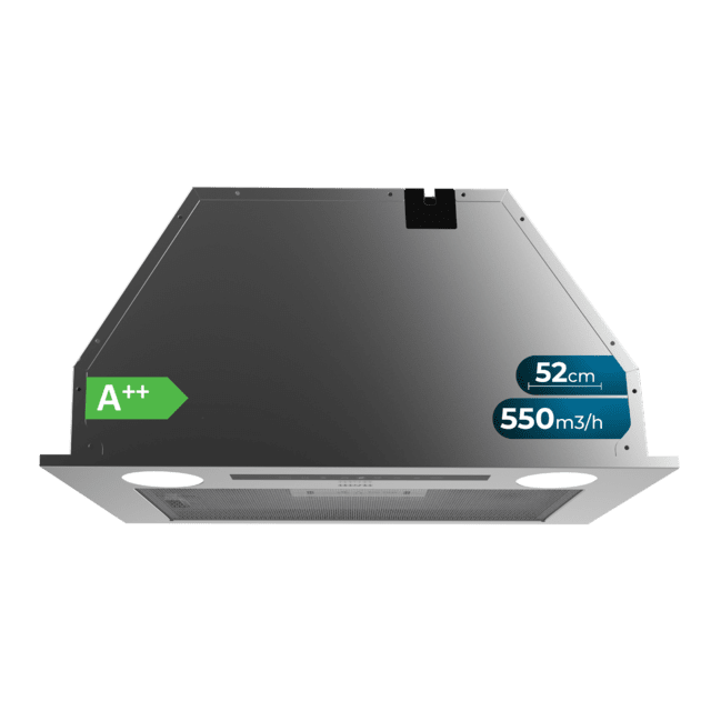 Cecotec Bolero Flux IT 525500 Inox A++ Campana integral de 52cm de ancho acabado inox potencia succión 550m3/h Motor 70W Clase A++ control táctil 3 niveles de potencia Booster Luz y filtro de carbono. Campana integral 