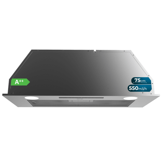Cecotec Bolero Flux IT 755500 Inox A++ Campana integral de 75cm de ancho acabado inox potencia succión 550m3/h Motor 70W Clase A++ control táctil 3 niveles de potencia Booster Luz y filtro de carbono. Campana integral 