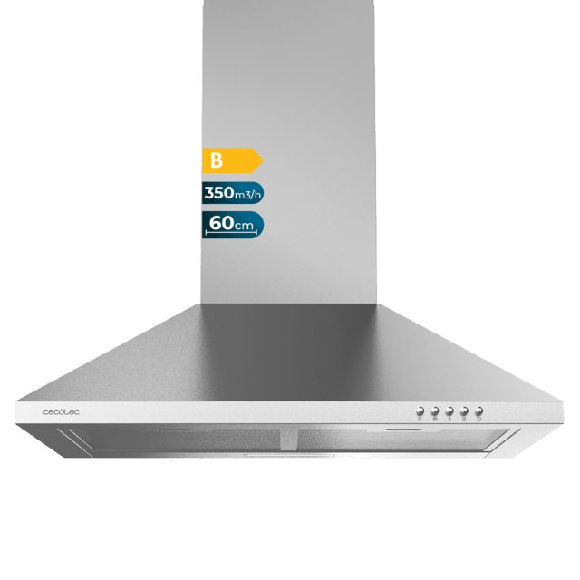 Cecotec Bolero Flux PM 603500 Inox B Campana piramidal de 60cm de ancho acabado inox succión 350m3/h Motor 65W Clase B control mecánico 3 niveles de potencia luz y filtro de carbono. Campana extractora piramidal 