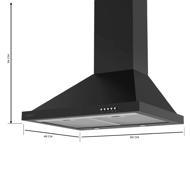 Cecotec Bolero Flux PM 604300 Black C Campana Extractora Piramidal De 60 Cm De Ancho Acabado Negro Succión 430m3/h Motor 105W Clase C Control Mecánico 3 Niveles De Potencia Luz Y Filtro De Aluminio. Campana Extractora Piramida