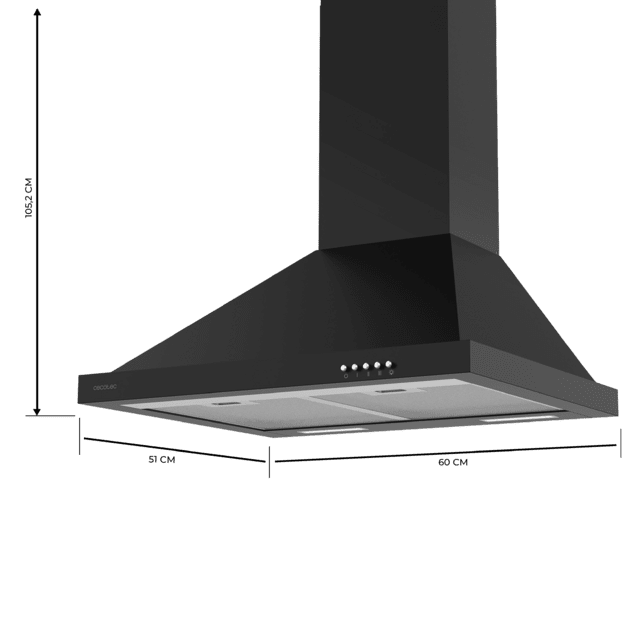 Cecotec Bolero Flux PM 606500 Black A Campana Piramidal De 60cm De Ancho Acabado Negro Succión 650m3/h Motor 165W Clase A Control Mecánico 3 Niveles De Potencia Luz Y Filtro De Carbono. Campana Piramida