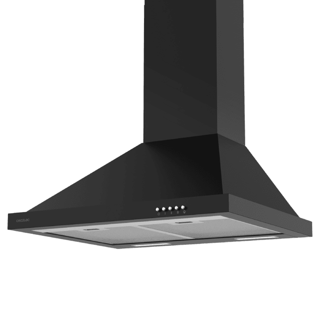 Cecotec Bolero Flux PM 606500 Black A Campana Piramidal De 60cm De Ancho Acabado Negro Succión 650m3/h Motor 165W Clase A Control Mecánico 3 Niveles De Potencia Luz Y Filtro De Carbono. Campana Piramida