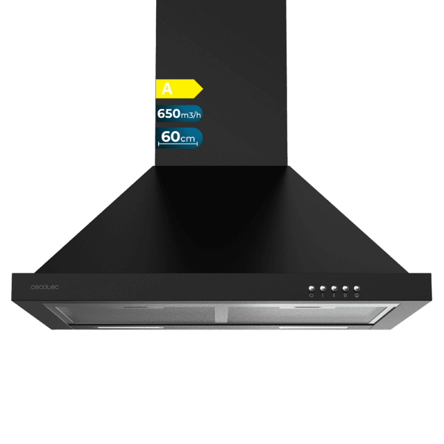 Cecotec Bolero Flux PM 606500 Black A Campana piramidal de 60cm de ancho acabado negro succión 650m3/h Motor 165W Clase A control mecánico 3 niveles de potencia luz y filtro de carbono. Campana piramida