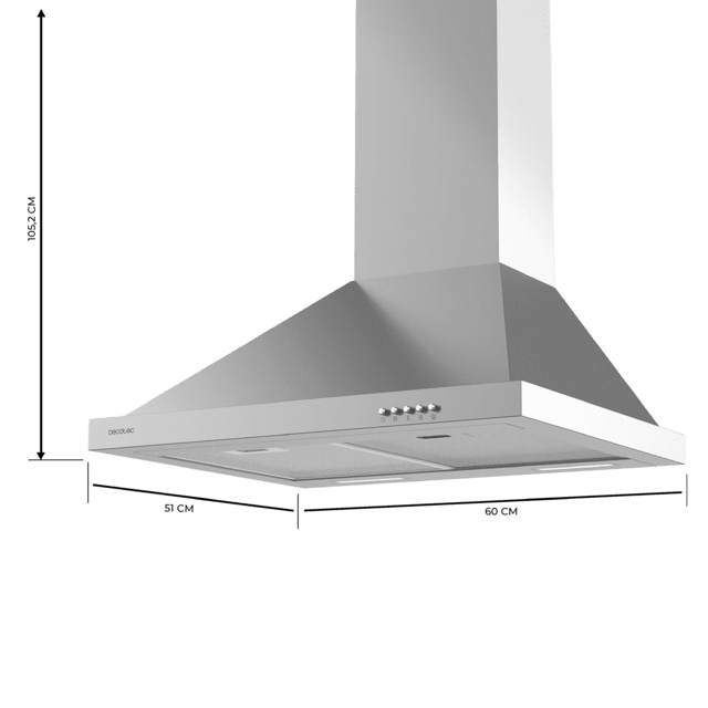 Cecotec Bolero Flux PM 606500 Inox A Campana Piramidal De 60cm De Ancho Acabado Inox Succión 650m3/h Motor 165W Clase A Control Mecánico 3 Niveles De Potencia Luz Y Filtro De Carbono. Campana Extractora Piramidal 
