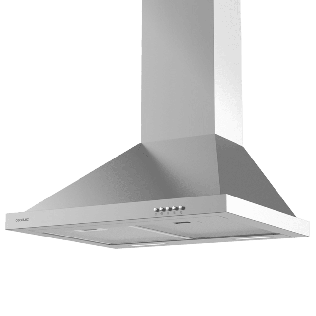 Cecotec Bolero Flux PM 606500 Inox A Campana Piramidal De 60cm De Ancho Acabado Inox Succión 650m3/h Motor 165W Clase A Control Mecánico 3 Niveles De Potencia Luz Y Filtro De Carbono. Campana Extractora Piramidal 