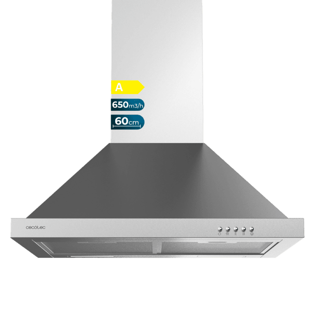 Cecotec Bolero Flux PM 606500 Inox A Campana piramidal de 60cm de ancho acabado inox succión 650m3/h Motor 165W Clase A control mecánico 3 niveles de potencia luz y filtro de carbono. Campana extractora piramidal 
