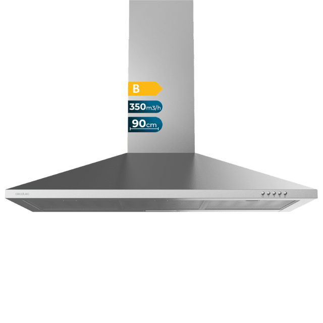 Cecotec Bolero Flux PM 903500 Inox B Campana extractora piramidal de 90cm de ancho acabado inox succión 350m3/h Motor 65W Clase B control mecánico 3 niveles de potencia luz y filtro de carbono. Campana extractora piramidal