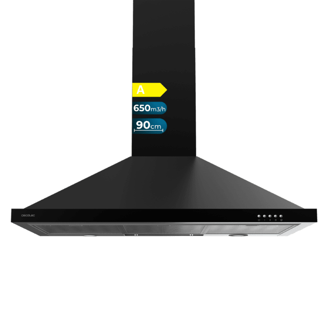 Cecotec Bolero Flux PM 906500 Black A Campana piramidal de 90cm de ancho acabado negro succión 650m3/h Motor 165W Clase A control mecánico 3 niveles de potencia luz y filtro de carbono. Campana extractora piramidal